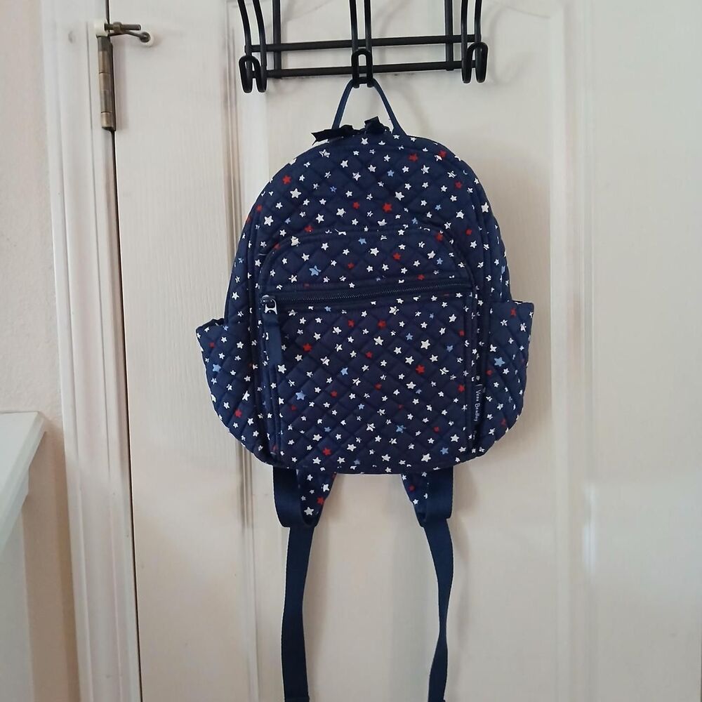Vera Bradley Navy Blue Quilted Backpack Patriotic White and Red Stars Americana